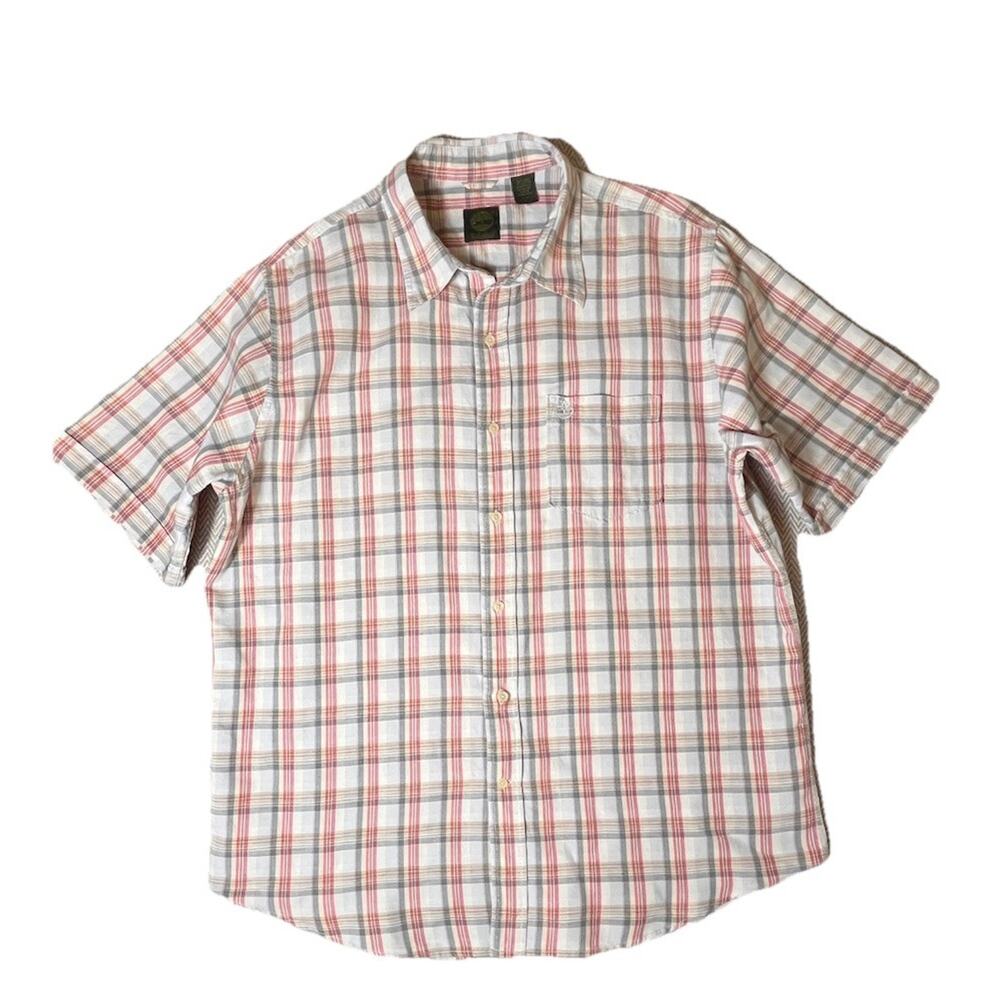 Timberland Mens Large Linen Cotton Plaid Short Sleeve Button Down Shirt Red Grey